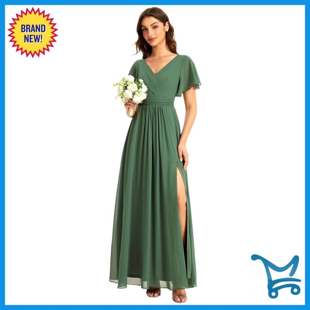 Chiffon Pleated V-Neck Semi Formal Wedding Guest Dress Elegant Flutter Sleeves